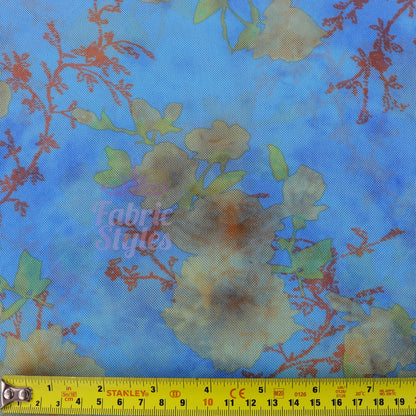 Blue Floral Power Mesh Fabric