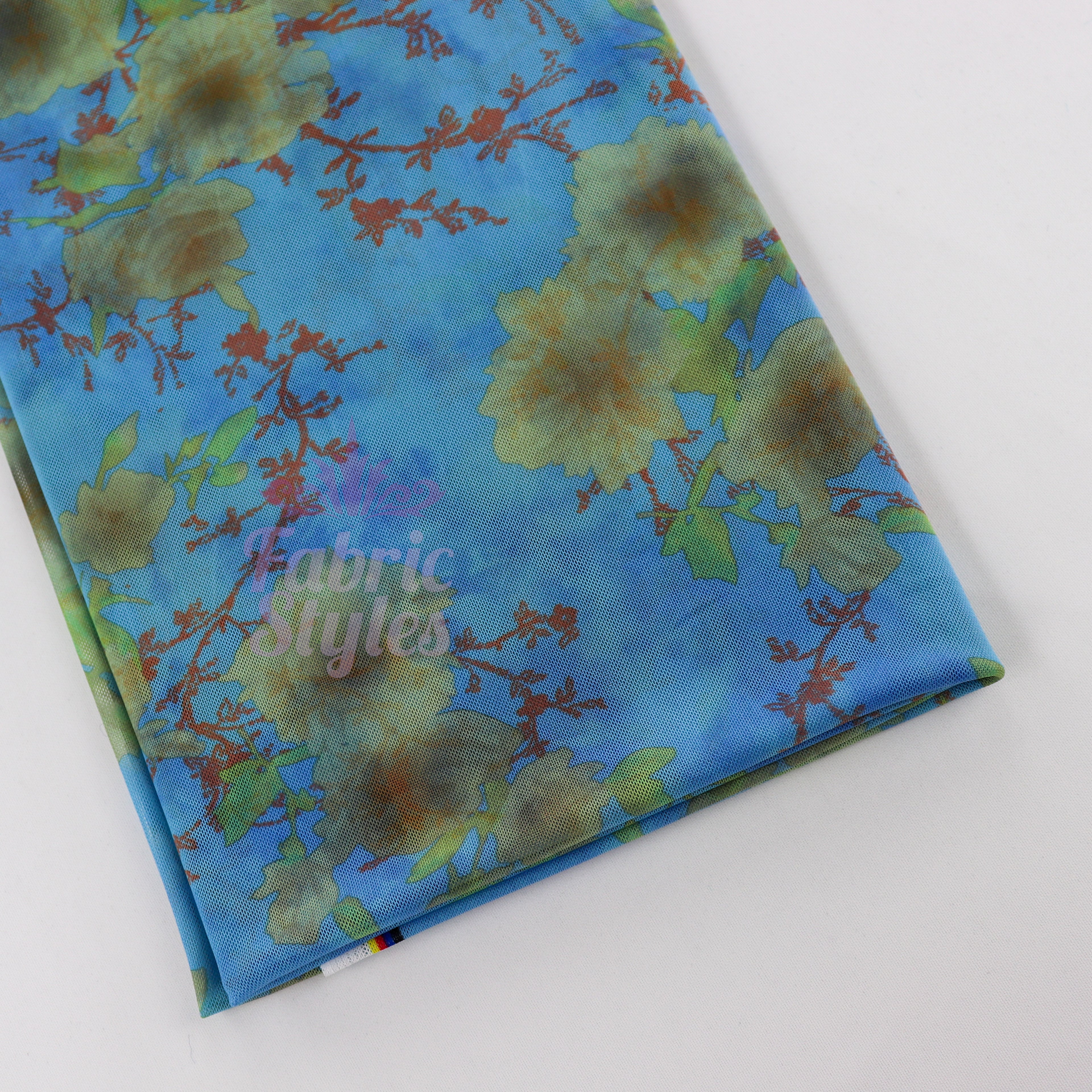 Blue Floral Power Mesh Fabric