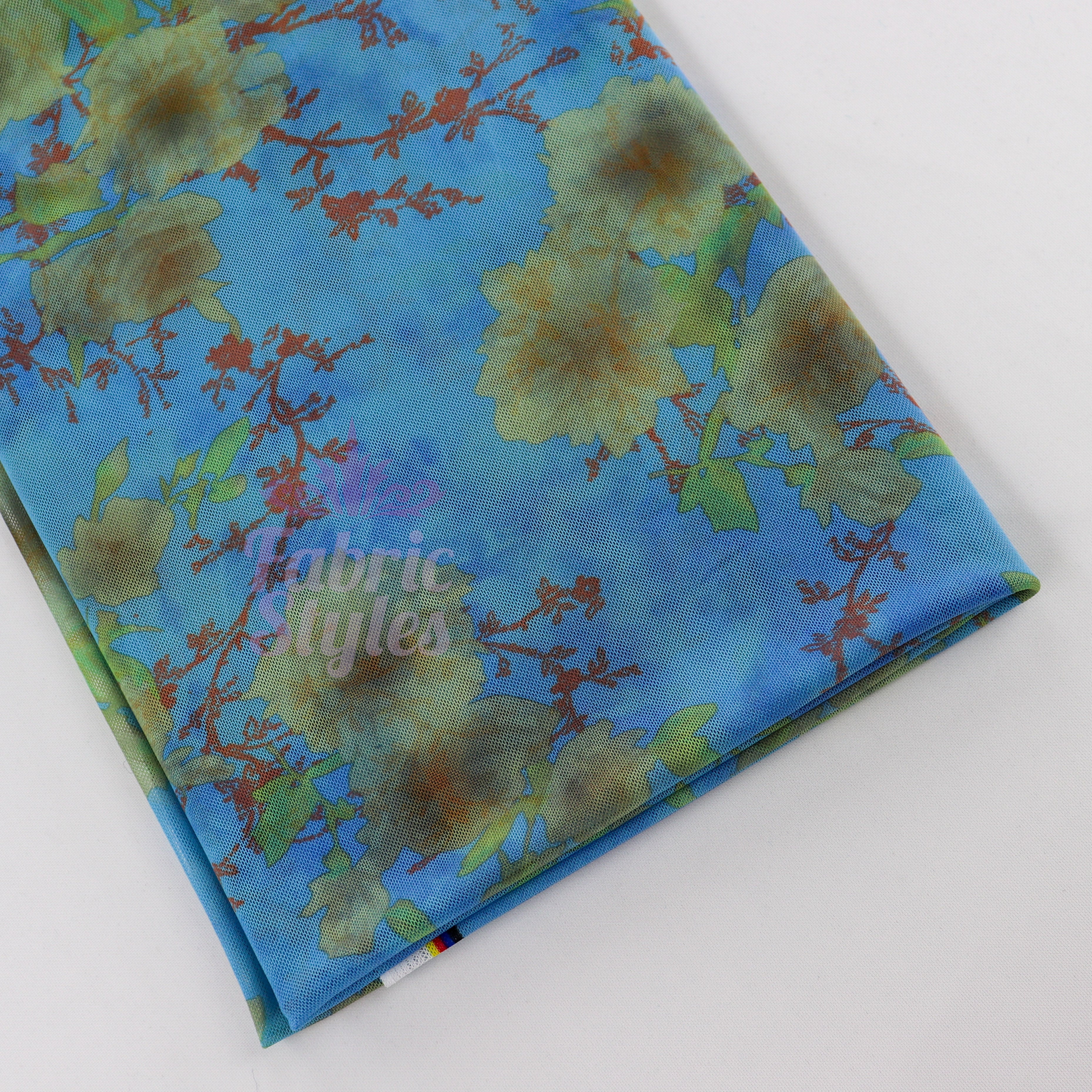 Blue Floral Power Mesh Fabric