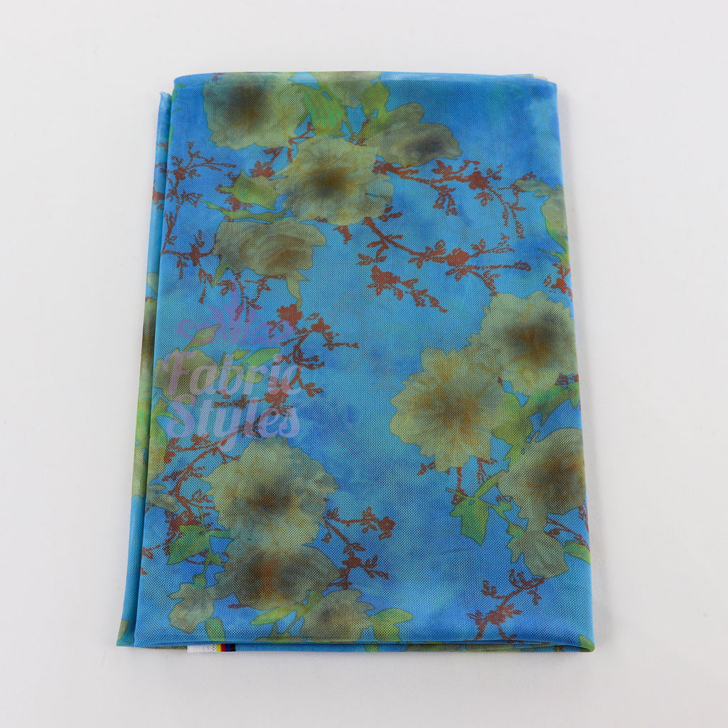 Blue Floral Power Mesh Fabric