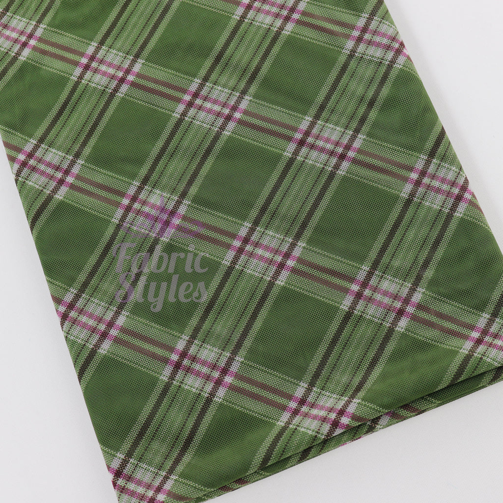 Green Tartan Pink Stripe Power Mesh Fabric