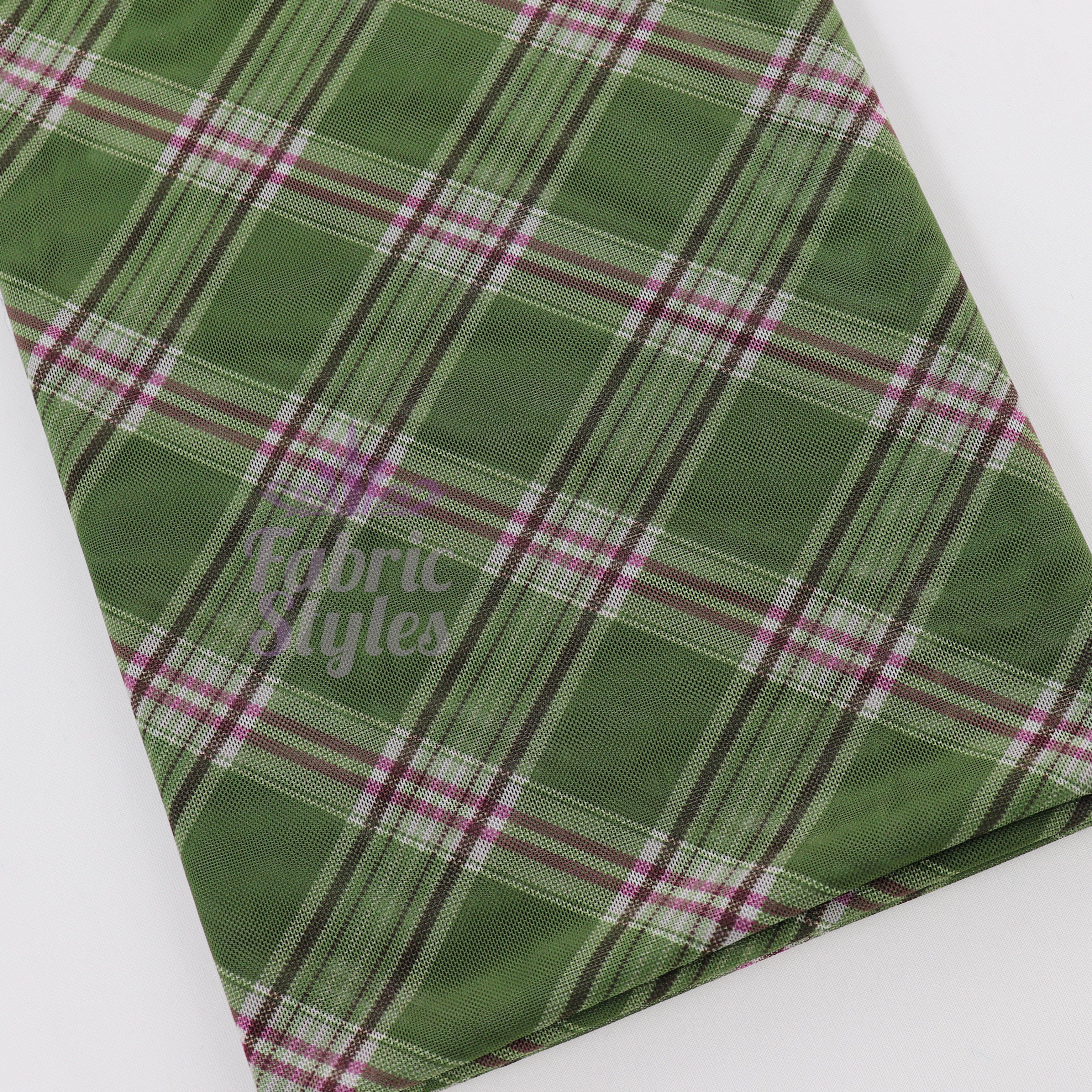 Green Tartan Pink Stripe Power Mesh Fabric