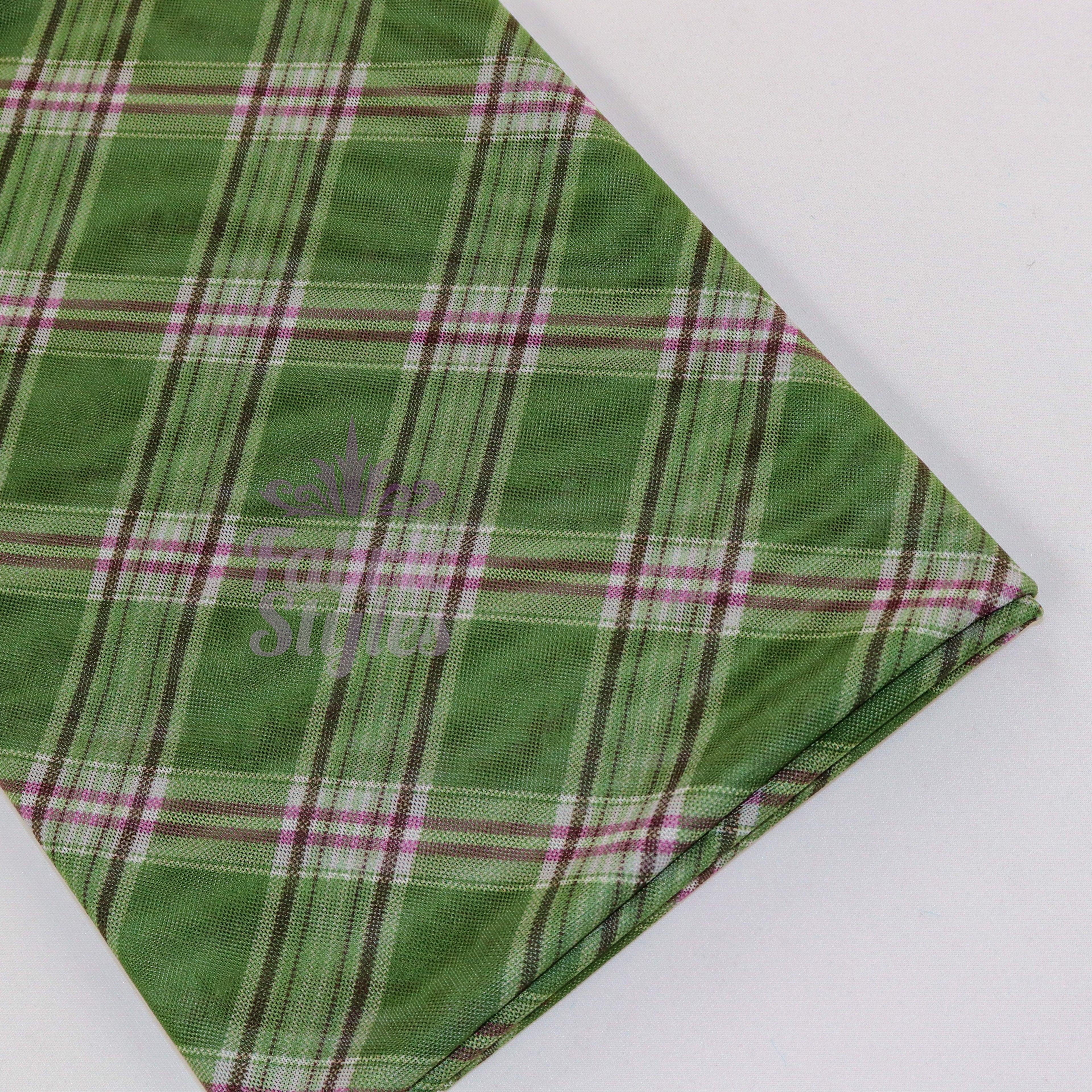 Green Tartan Pink Stripe Power Mesh Fabric