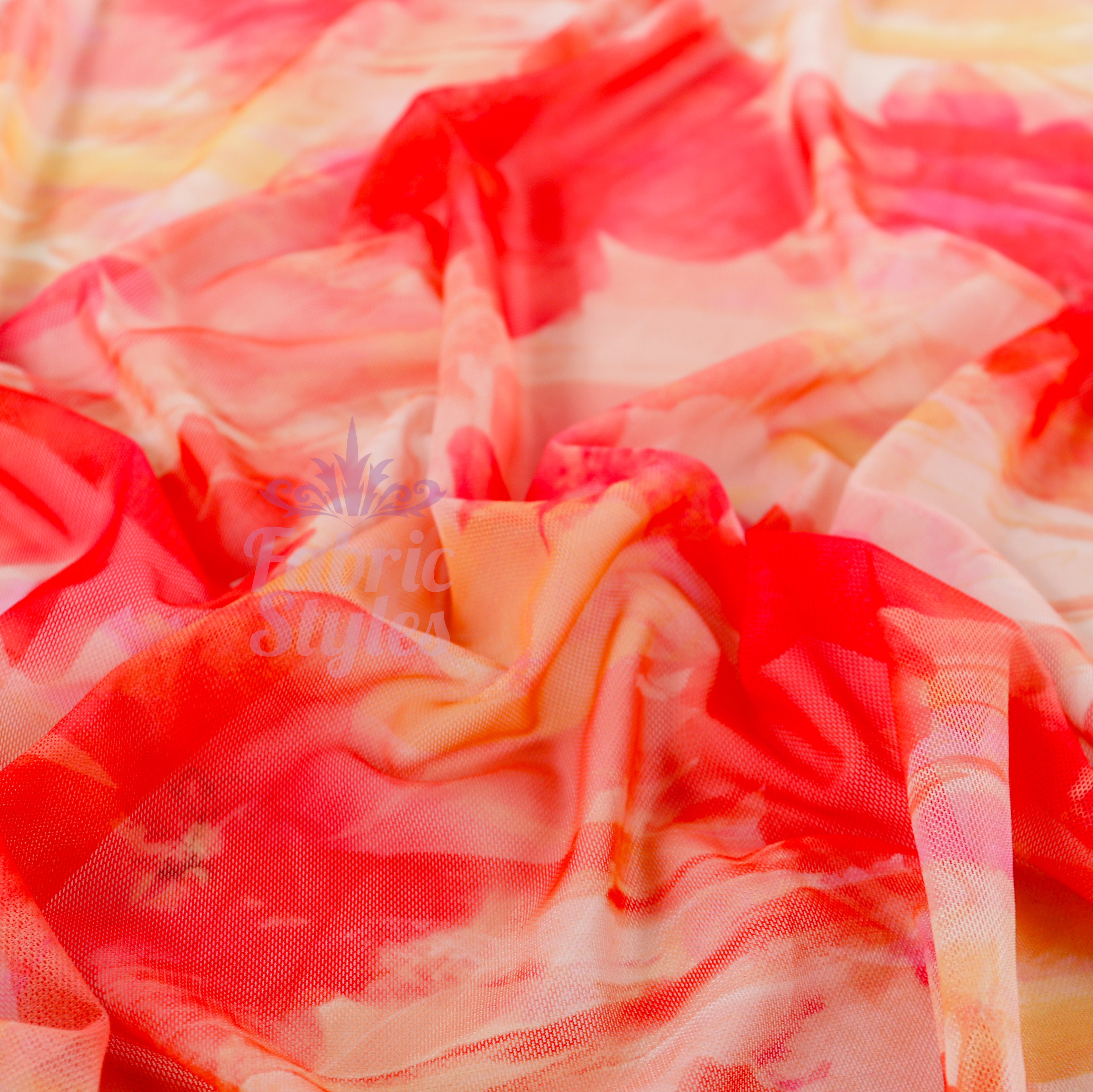 Orange Floral Power Mesh Fabric
