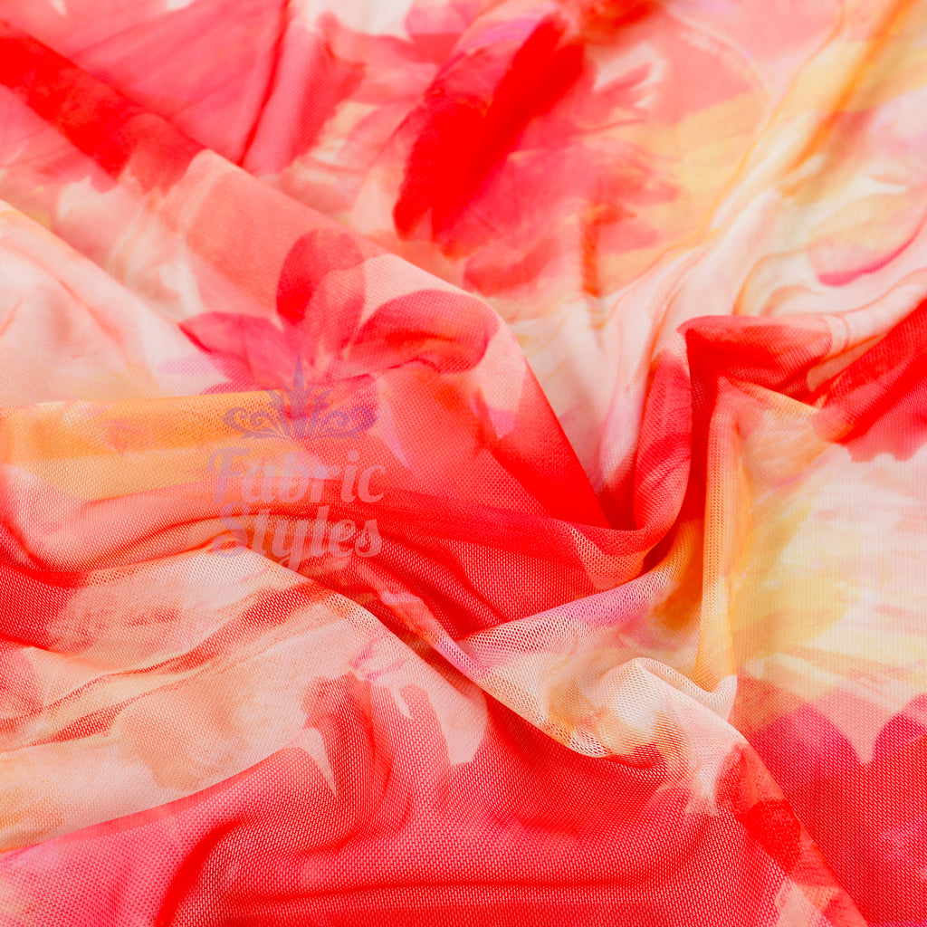 Orange Floral Power Mesh Fabric