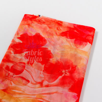Orange Floral Power Mesh Fabric