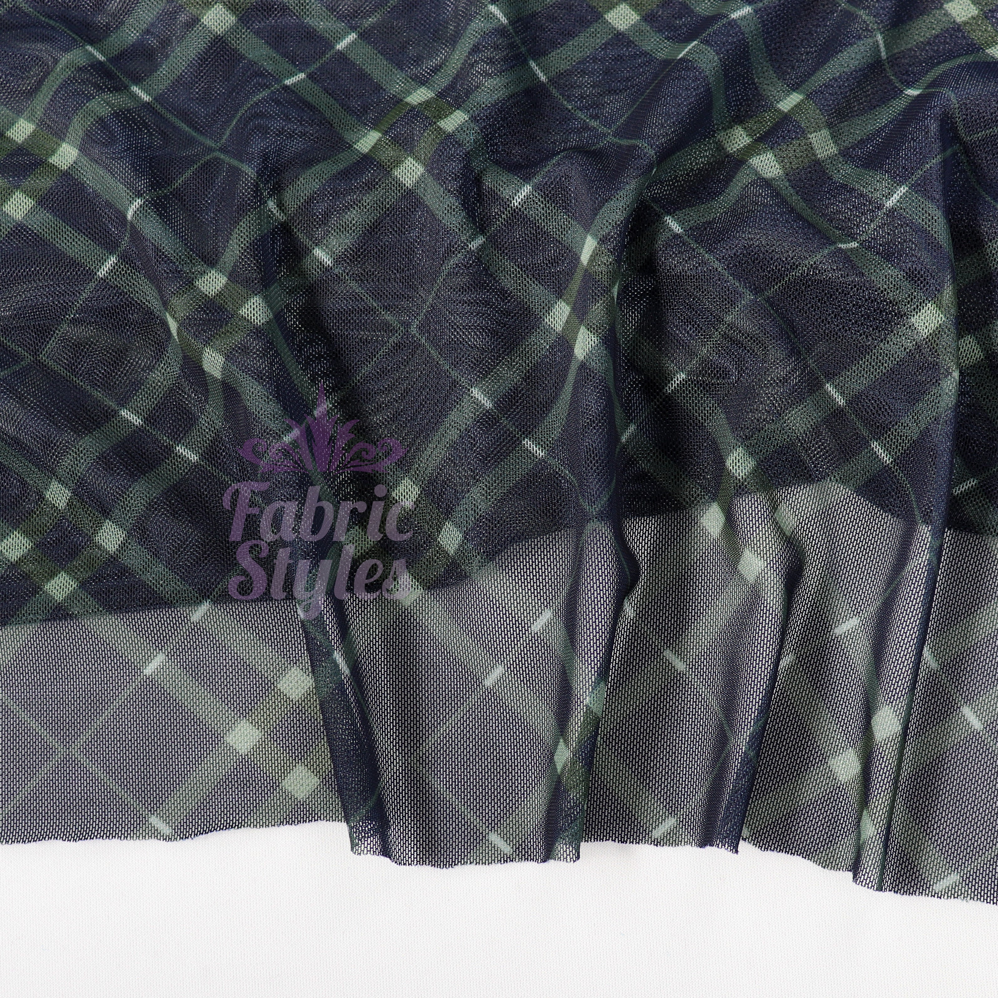 Navy Khaki Tartan Power Mesh Fabric