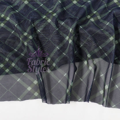 Navy Khaki Tartan Power Mesh Fabric