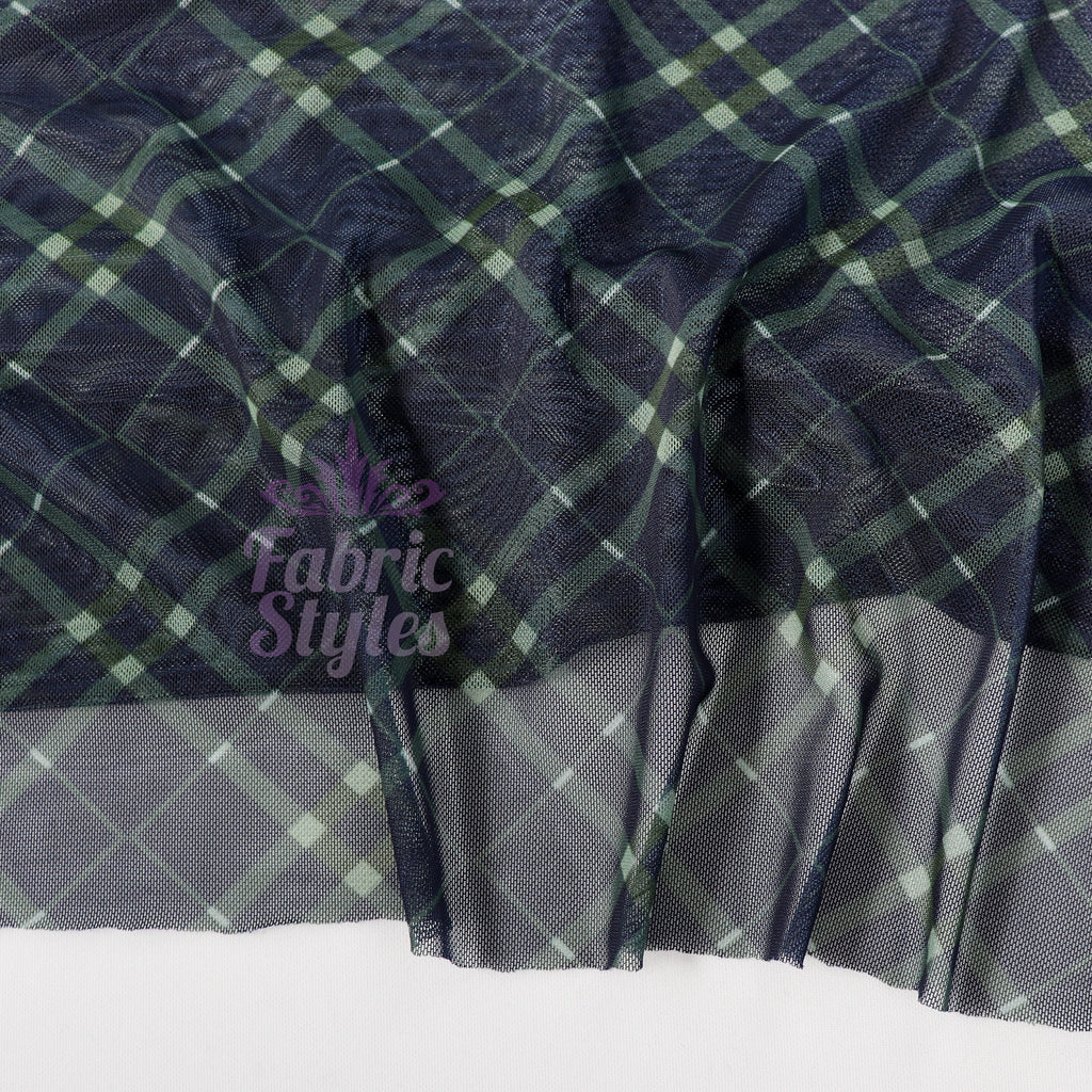 Navy Khaki Tartan Power Mesh Fabric