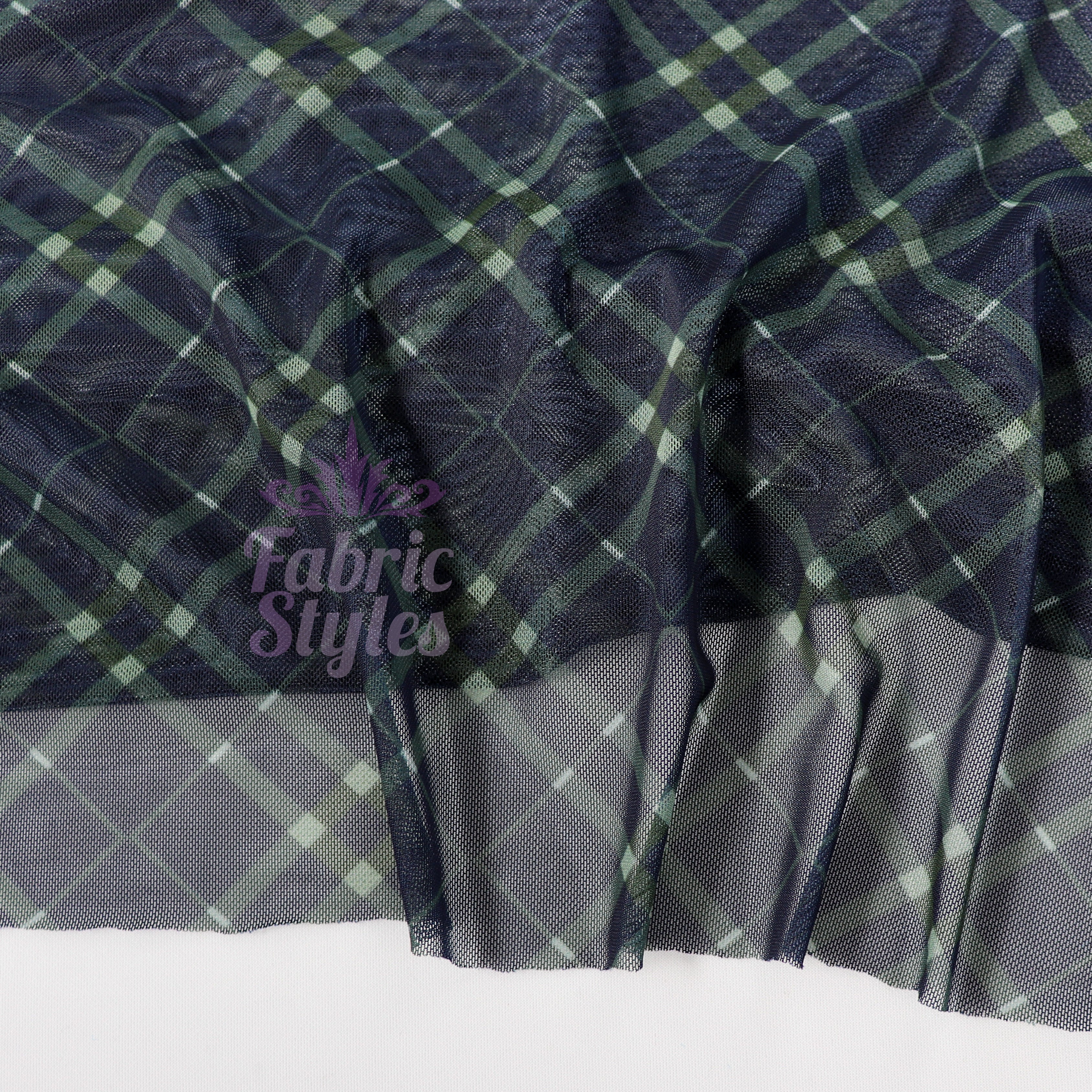 Navy Khaki Tartan Power Mesh Fabric