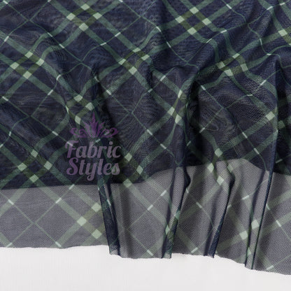 Navy Khaki Tartan Power Mesh Fabric
