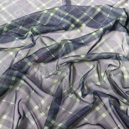 Navy Khaki Tartan Power Mesh Fabric