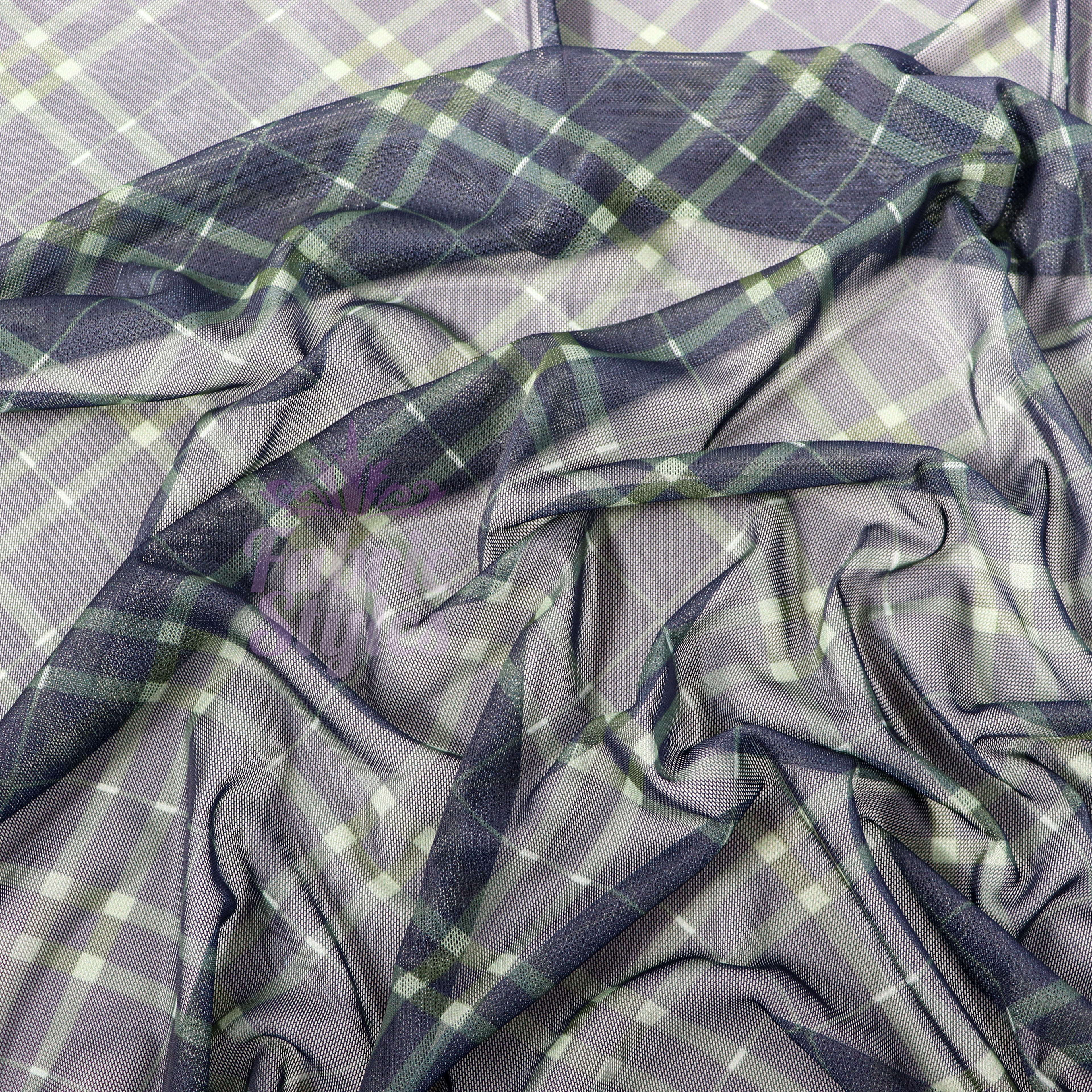 Navy Khaki Tartan Power Mesh Fabric