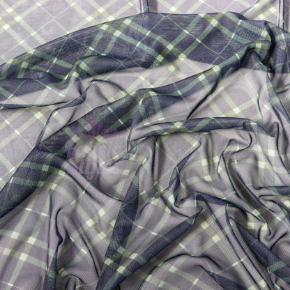 Navy Khaki Tartan Power Mesh Fabric