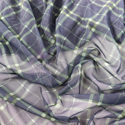 Navy Khaki Tartan Power Mesh Fabric