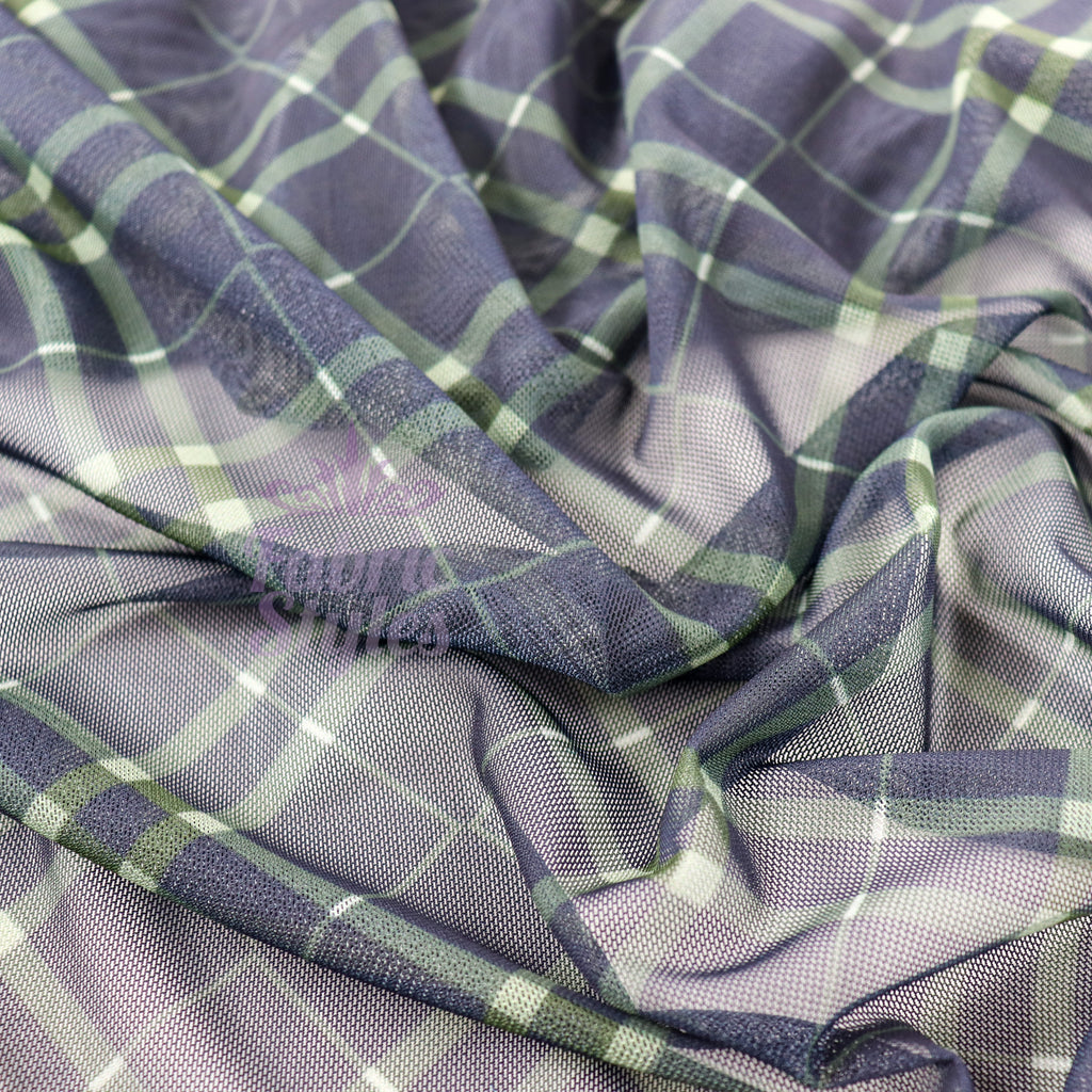 Navy Khaki Tartan Power Mesh Fabric