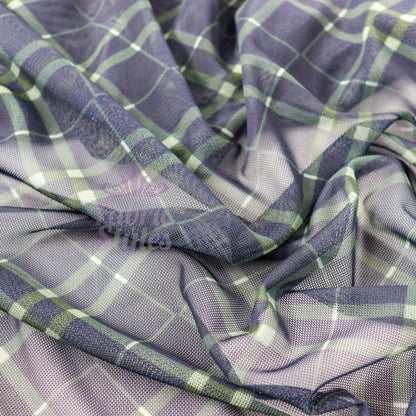 Navy Khaki Tartan Power Mesh Fabric