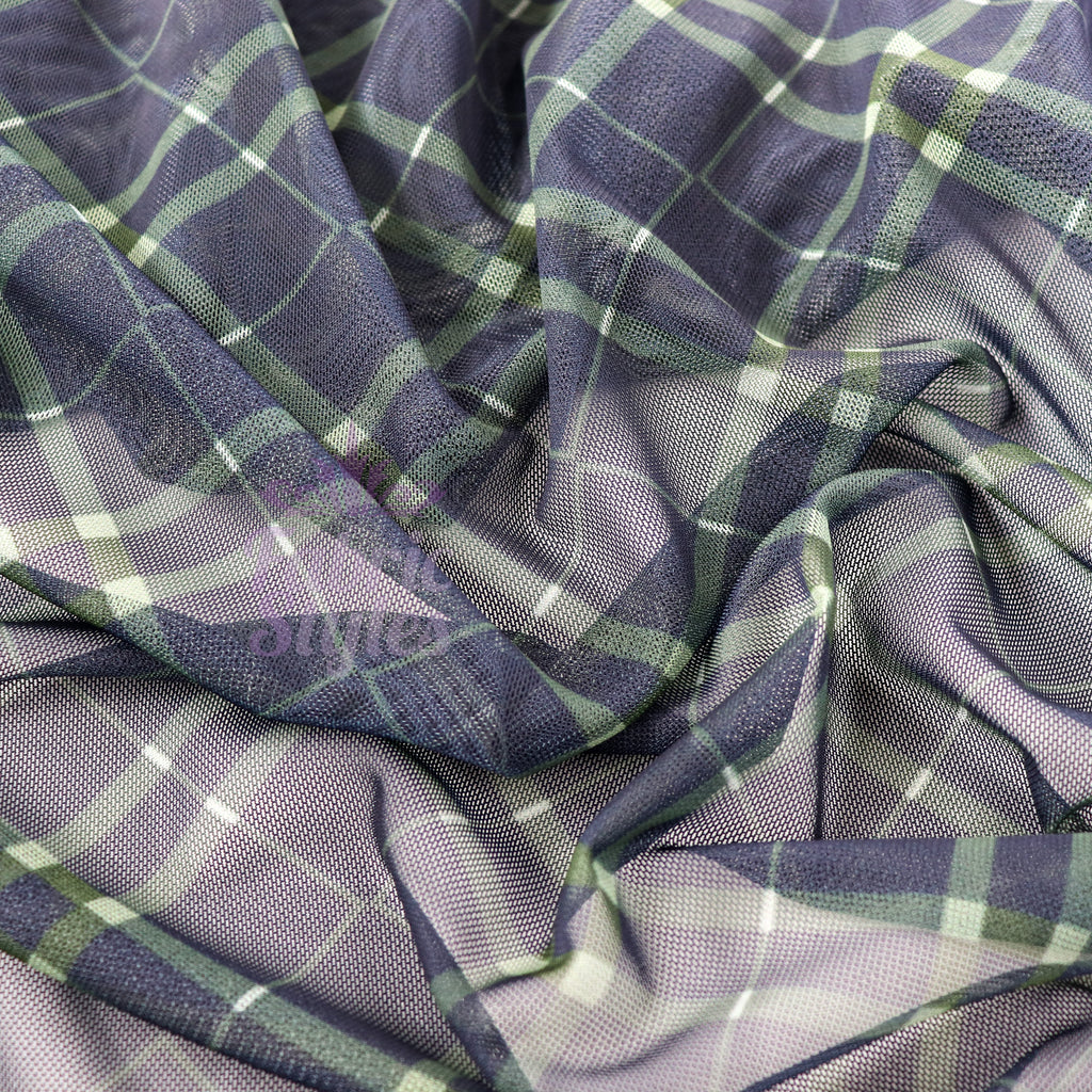 Navy Khaki Tartan Power Mesh Fabric