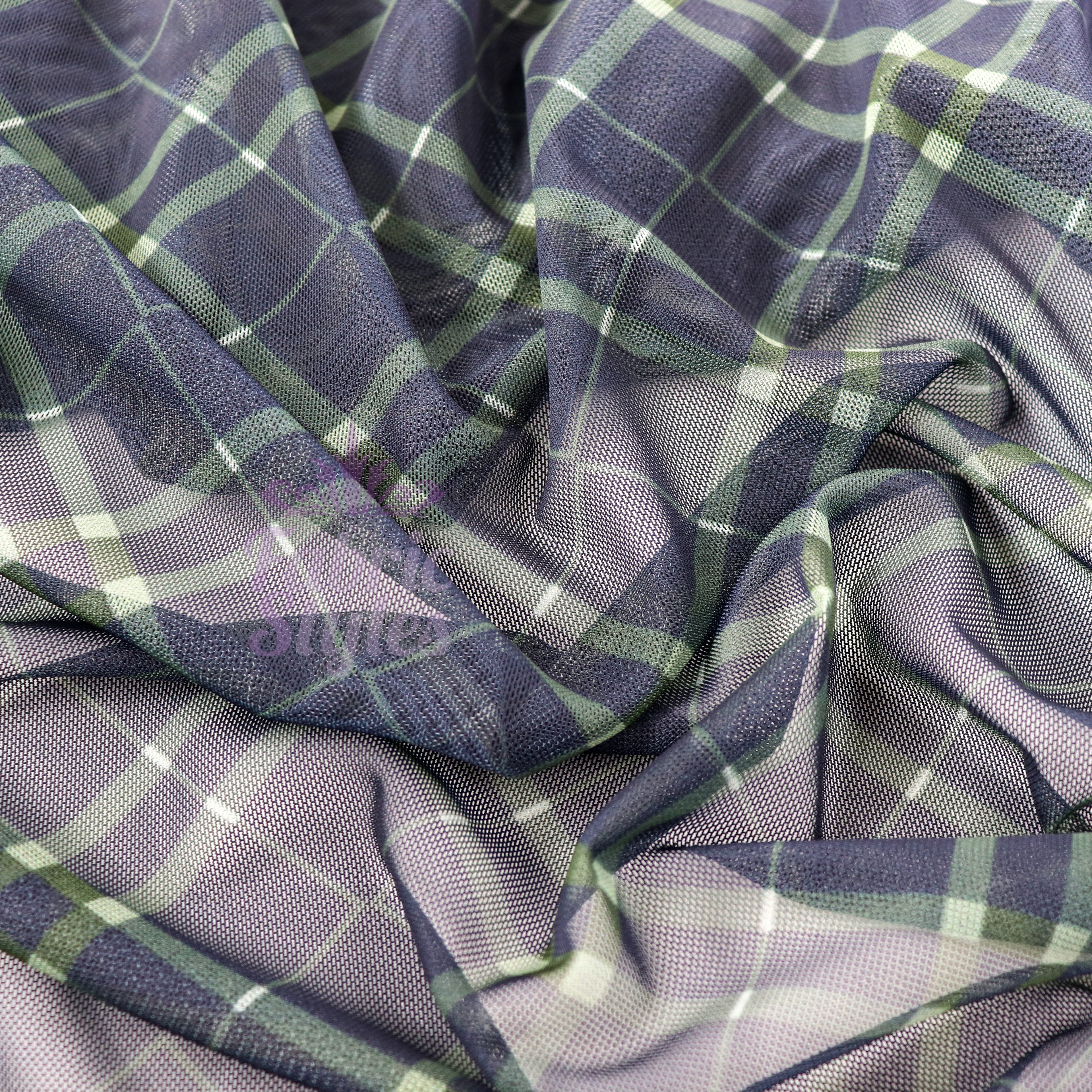 Navy Khaki Tartan Power Mesh Fabric