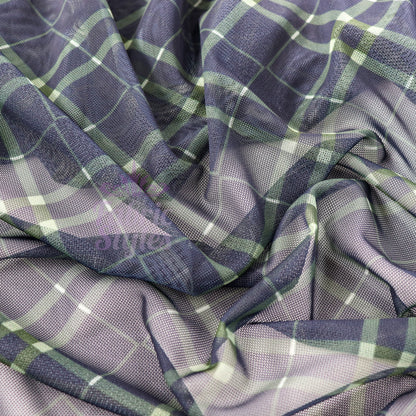 Navy Khaki Tartan Power Mesh Fabric
