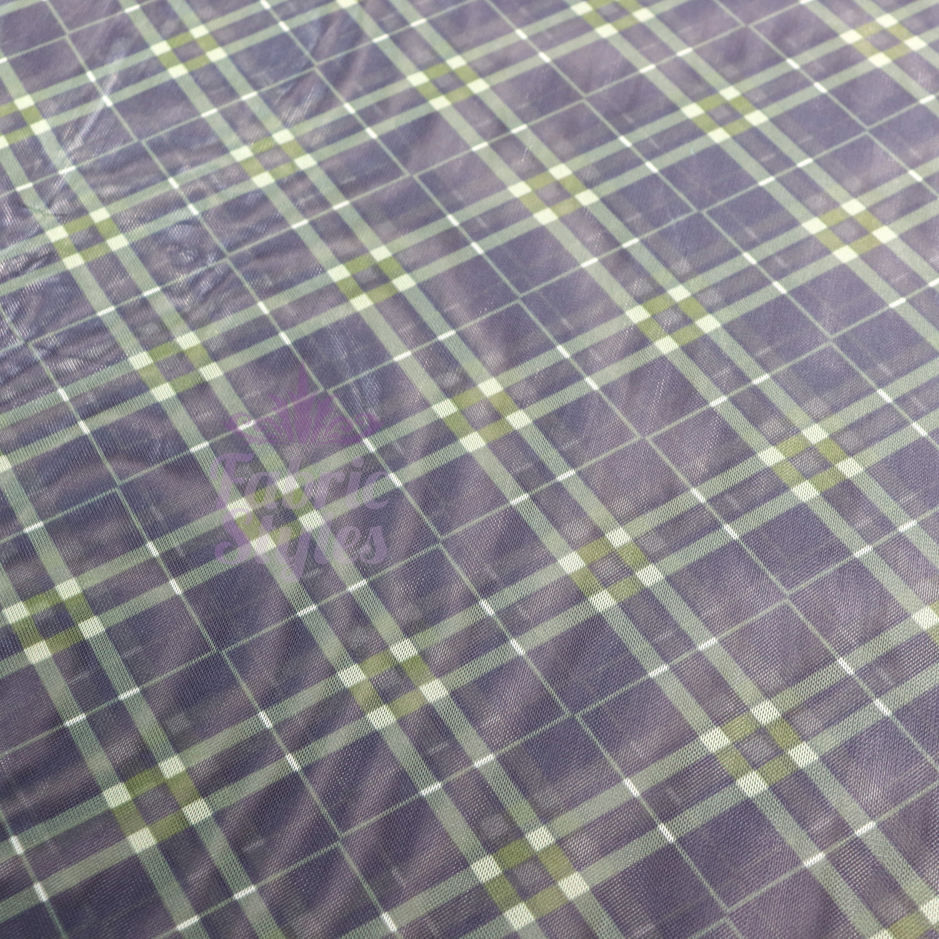 Navy Khaki Tartan Power Mesh Fabric