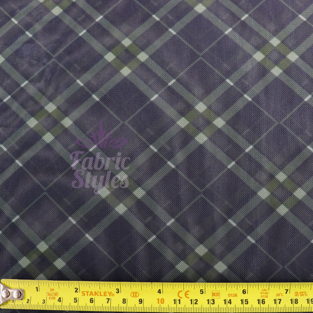Navy Khaki Tartan Power Mesh Fabric