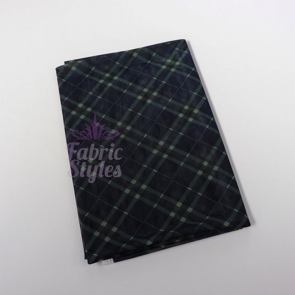 Navy Khaki Tartan Power Mesh Fabric