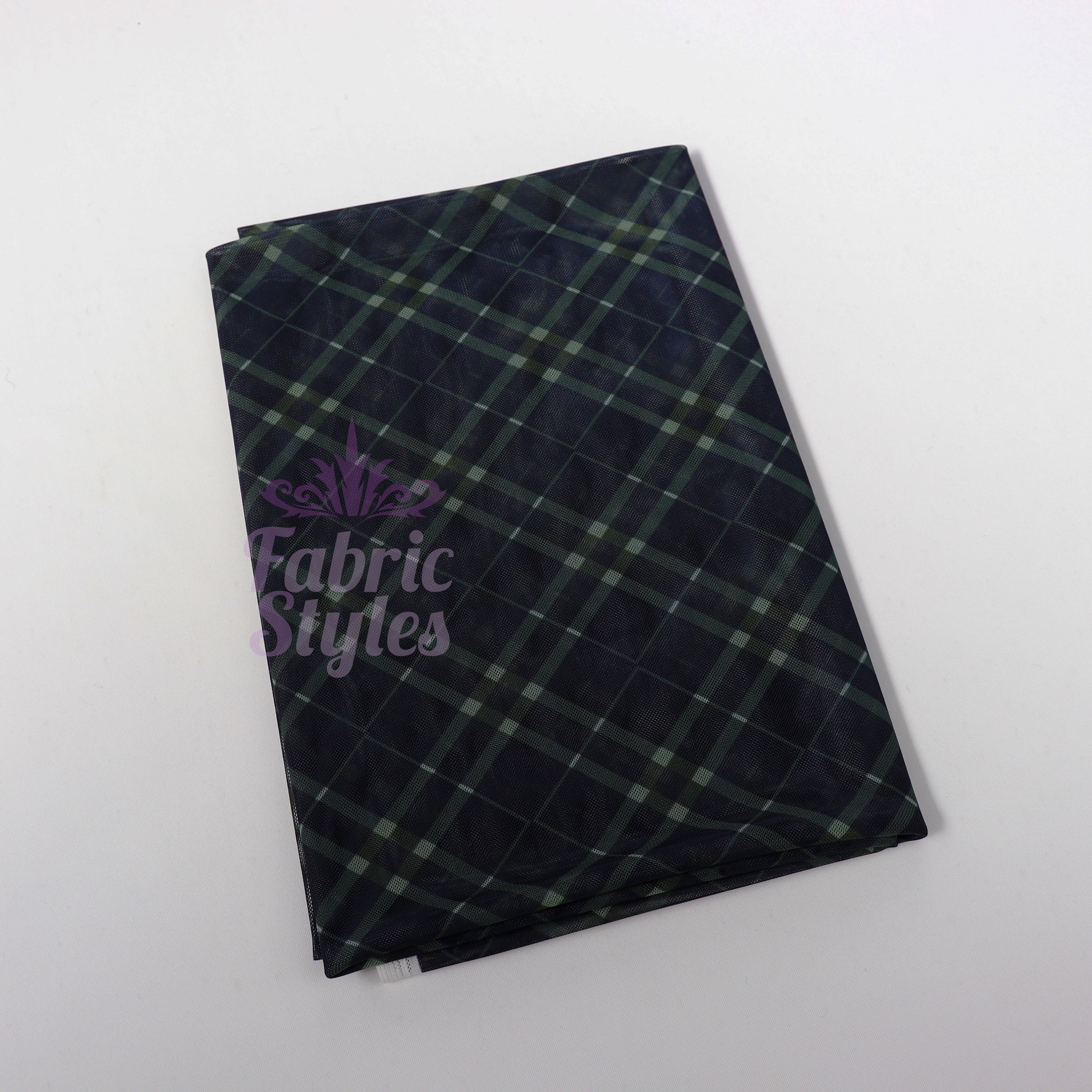 Navy Khaki Tartan Power Mesh Fabric
