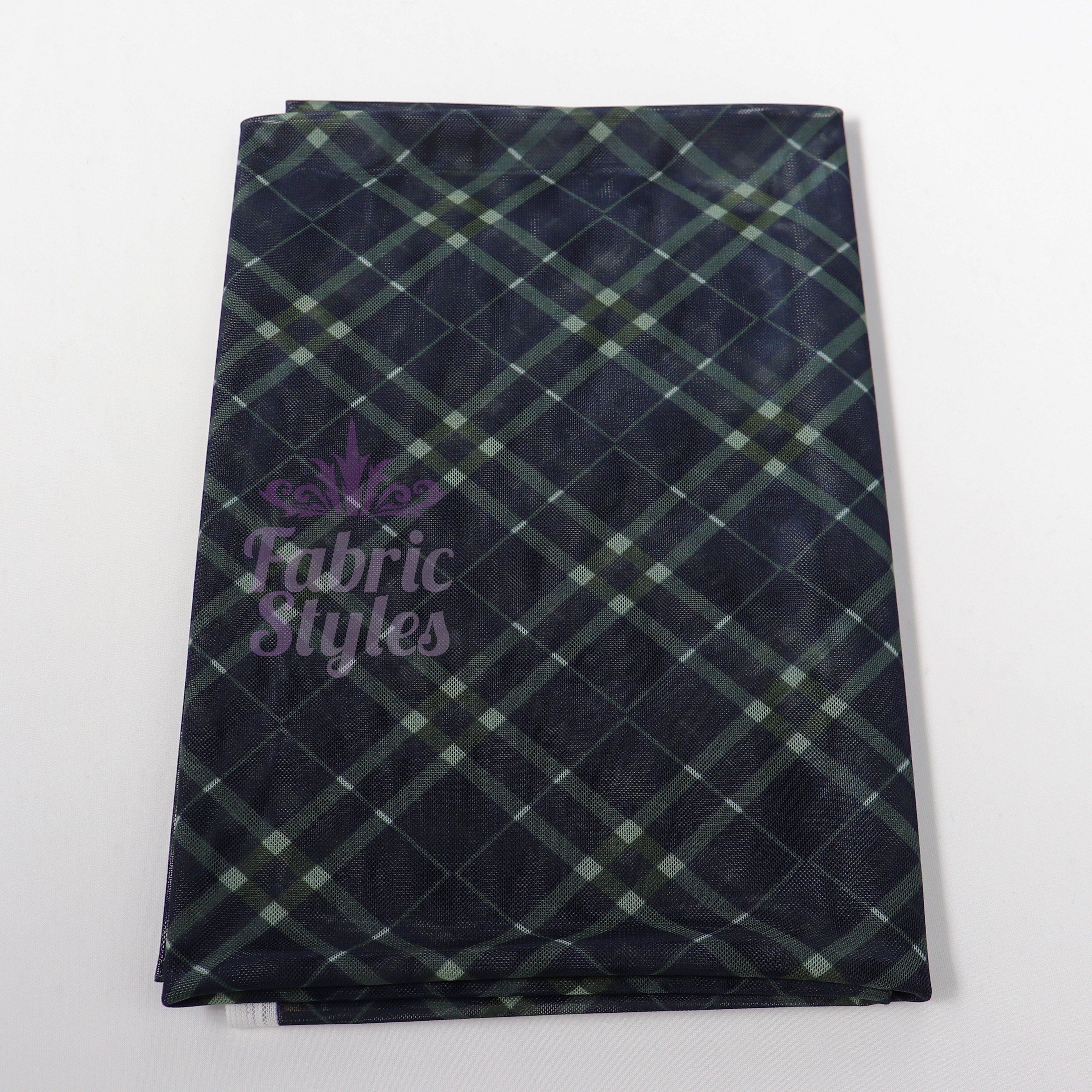 Navy Khaki Tartan Power Mesh Fabric