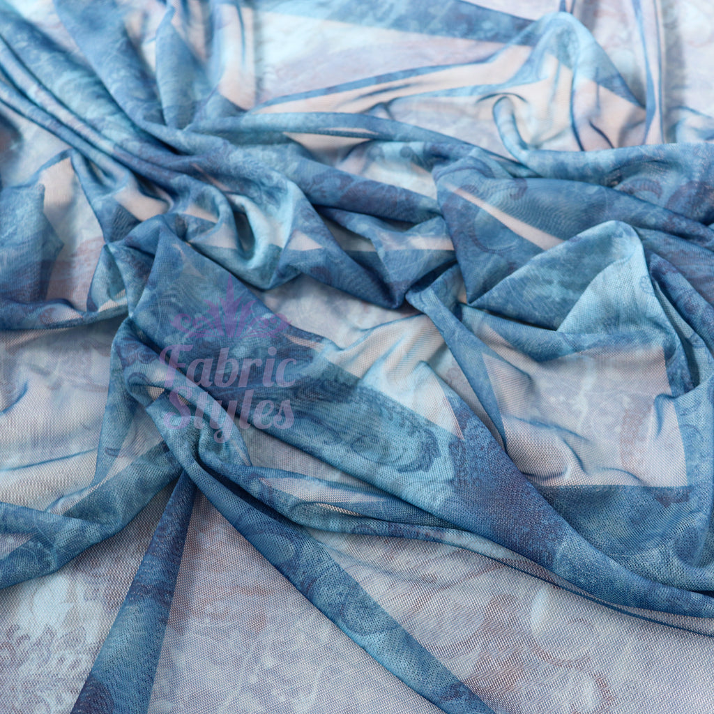 Blue Paisley Power Mesh Fabric
