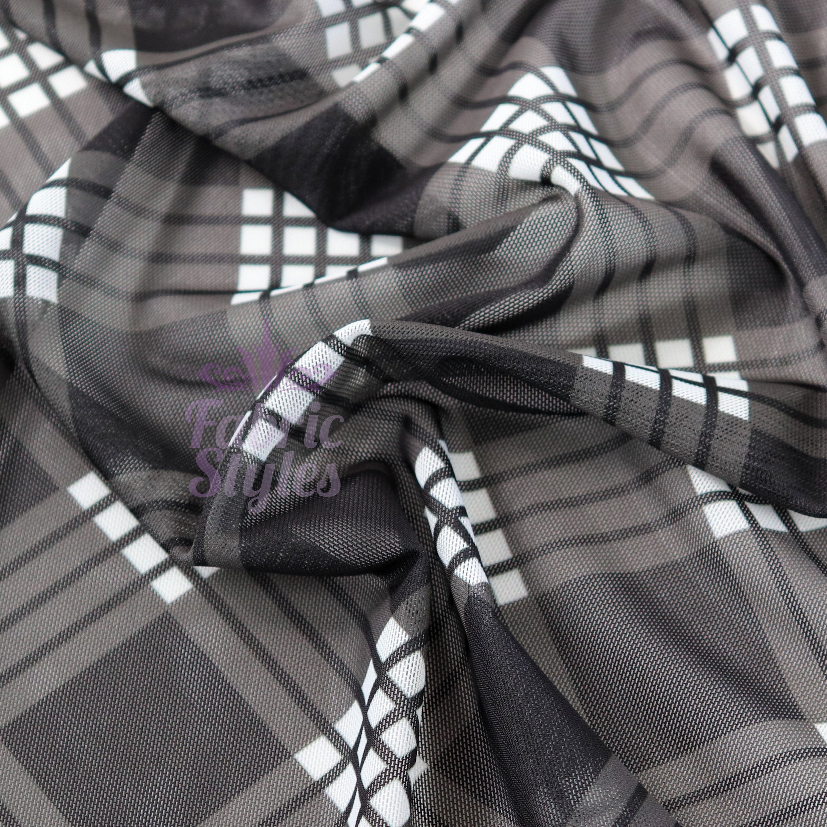 Black Tartan Power Mesh Fabric