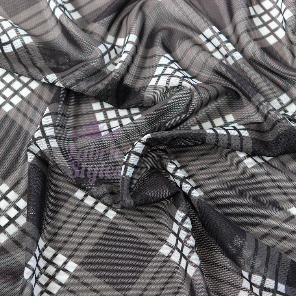 Black Tartan Power Mesh Fabric