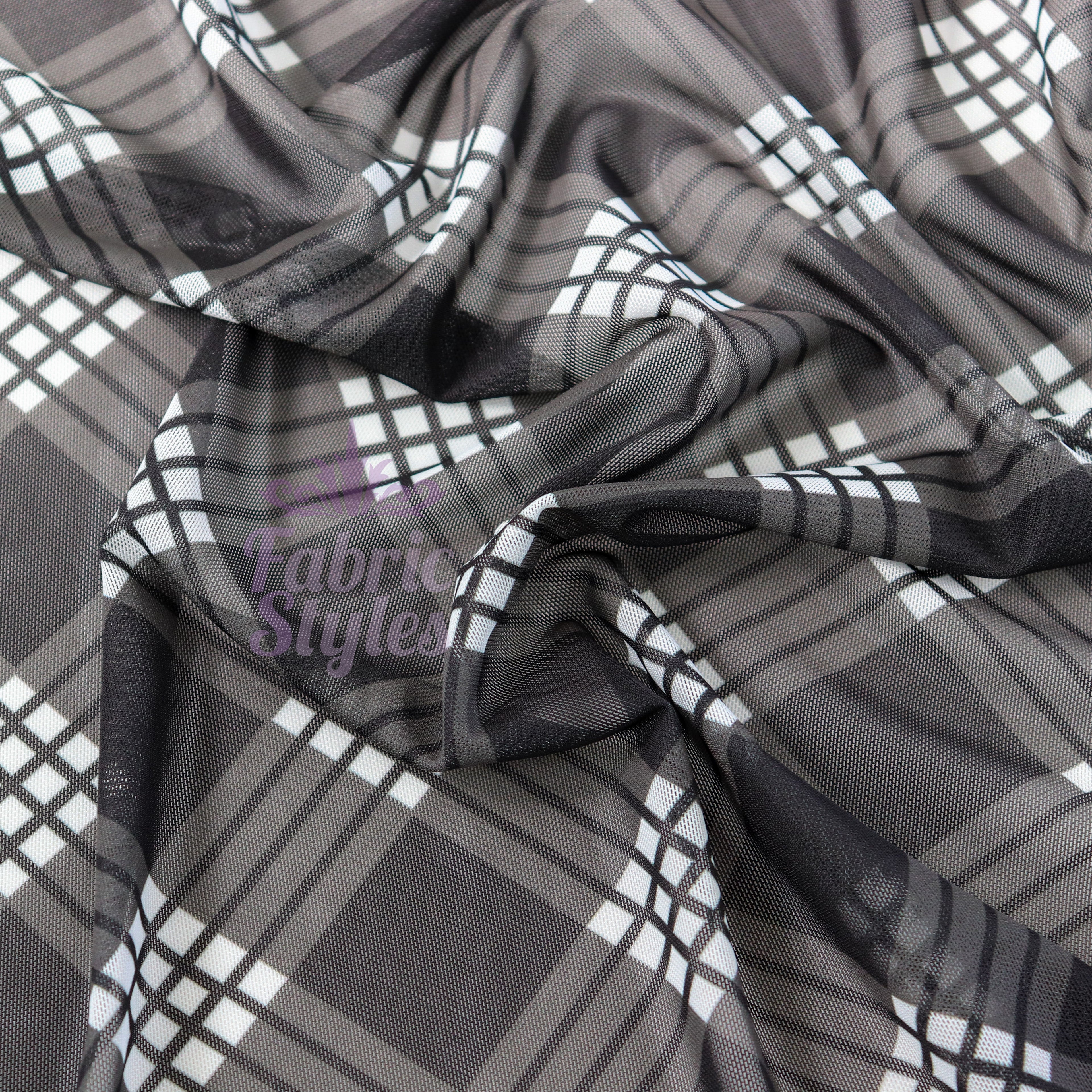 Black Tartan Power Mesh Fabric