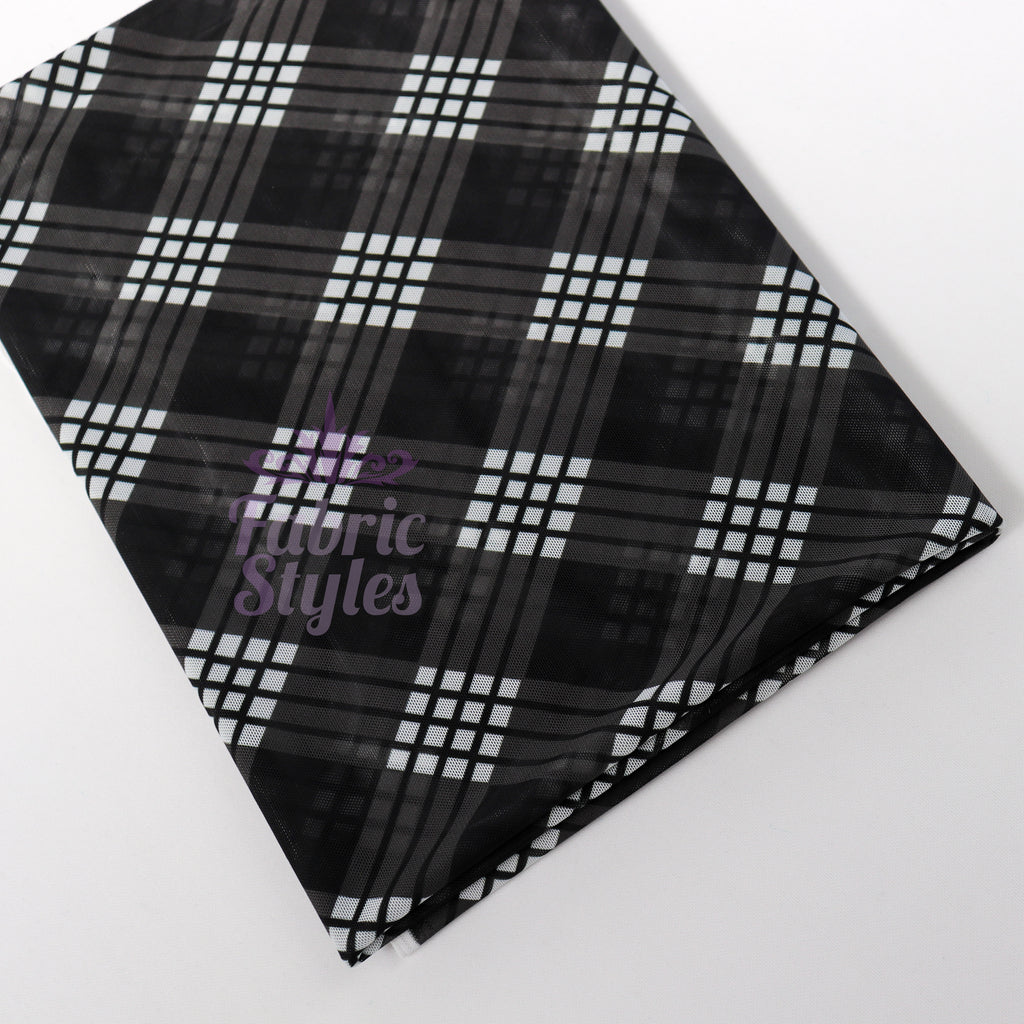 Black Tartan Power Mesh Fabric