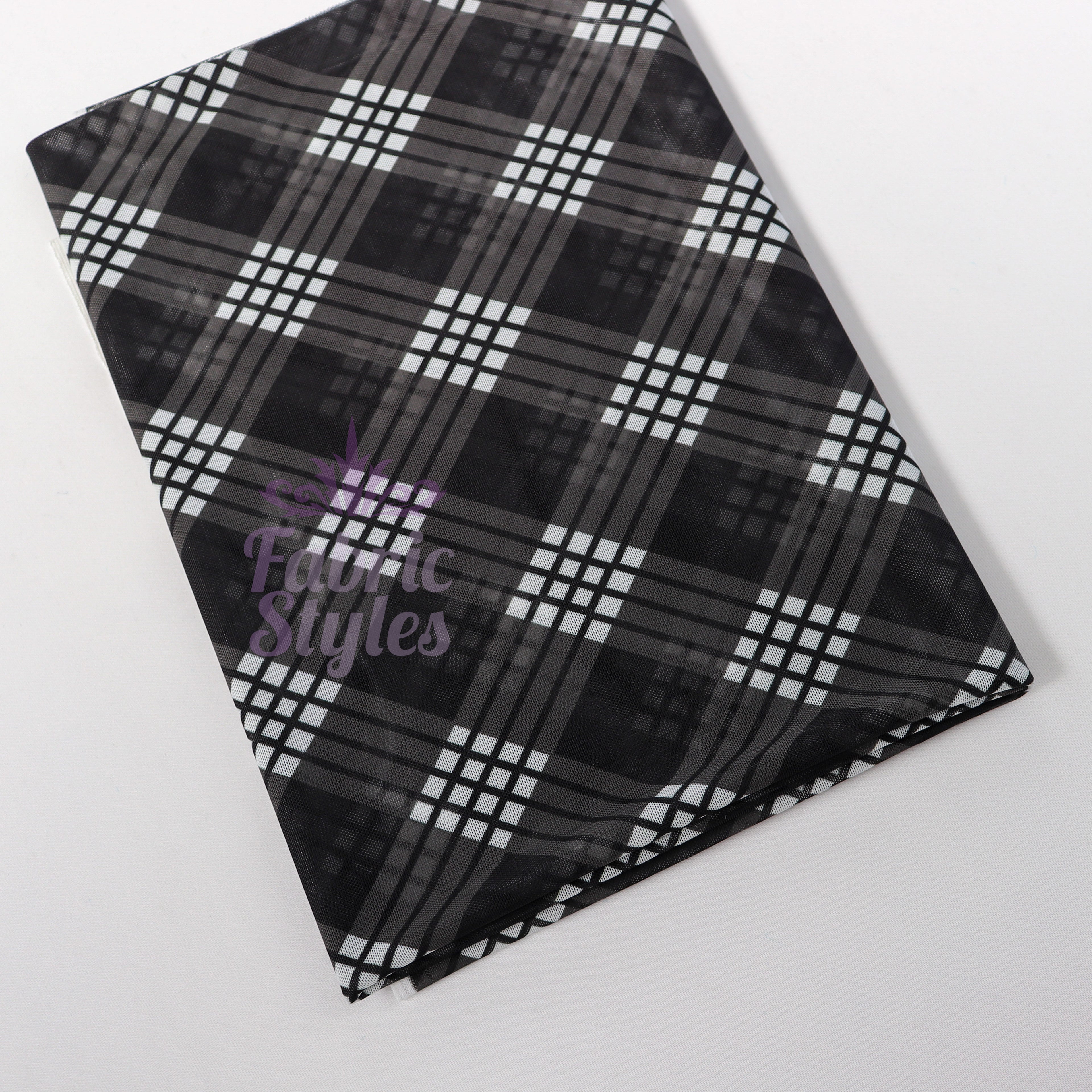 Black Tartan Power Mesh Fabric