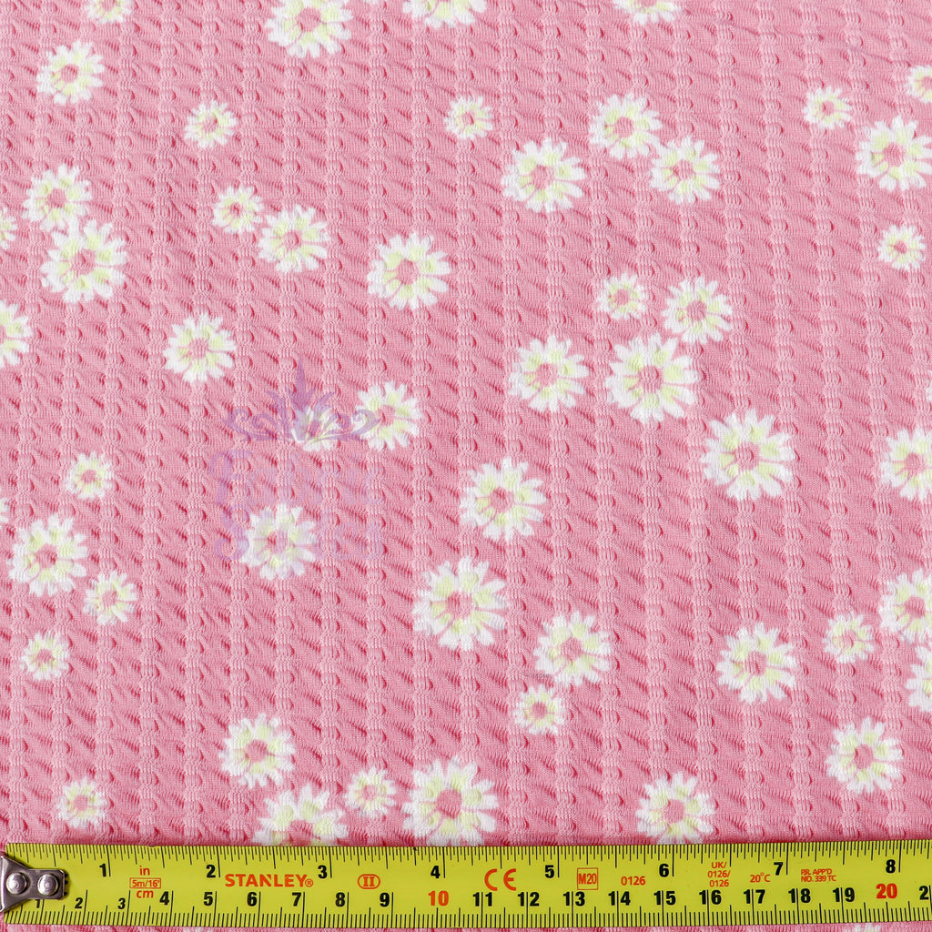 Pink Daisy Floral Waffle Jacquard Stretch Fabric