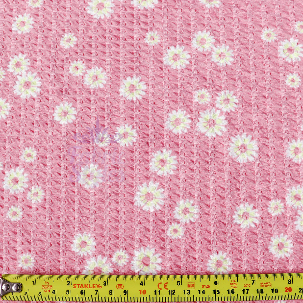 Pink Daisy Floral Waffle Jacquard Stretch Fabric