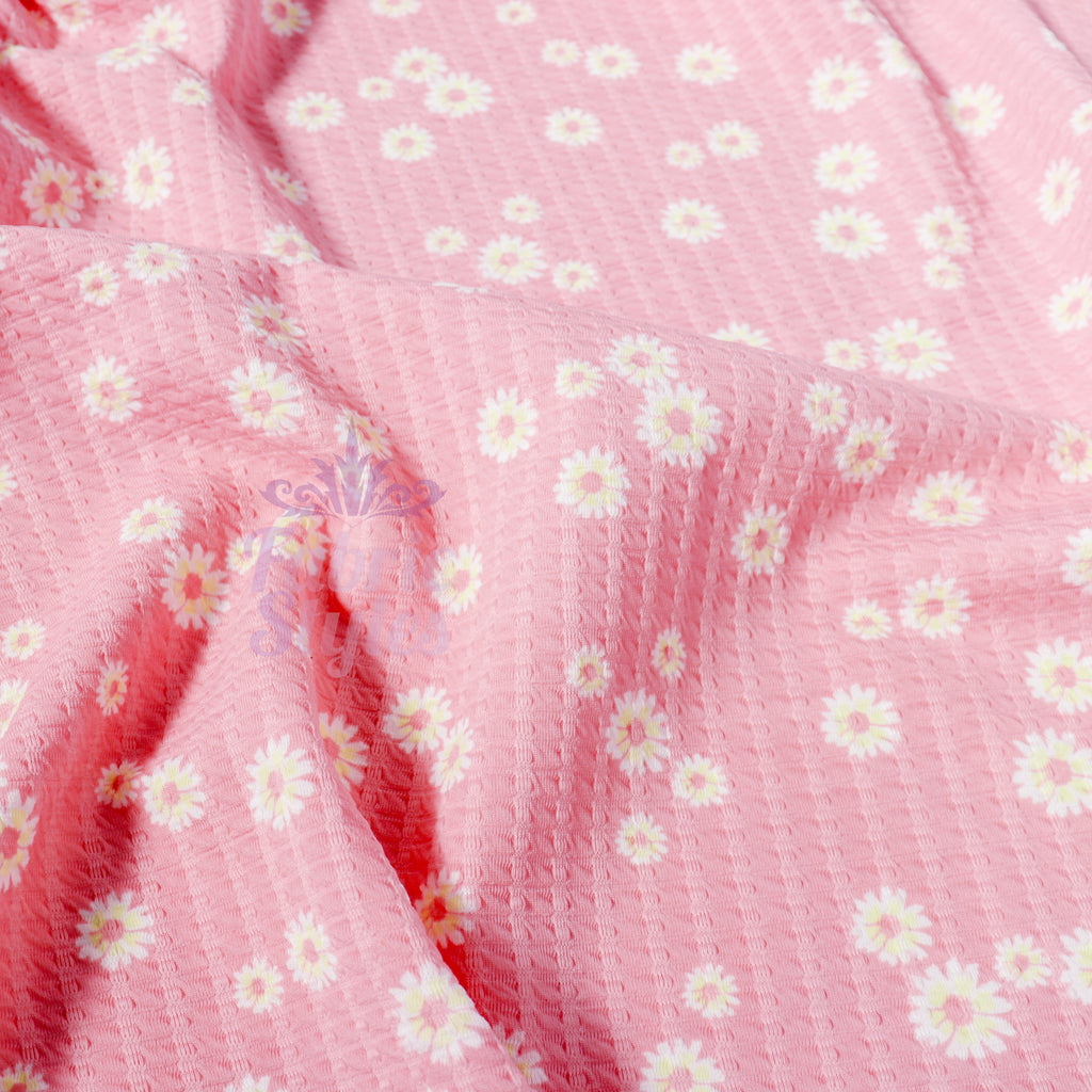 Pink Daisy Floral Waffle Jacquard Stretch Fabric