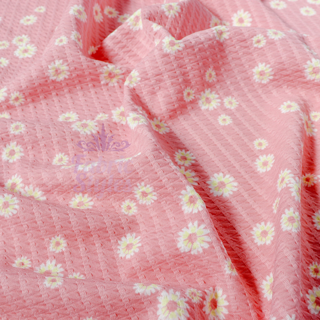 Pink Daisy Floral Waffle Jacquard Stretch Fabric