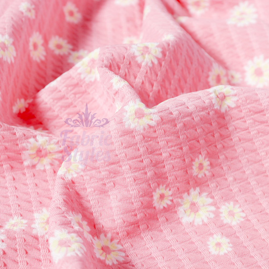 Pink Daisy Floral Waffle Jacquard Stretch Fabric
