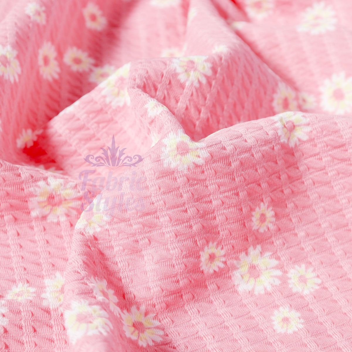 Pink Daisy Floral Waffle Jacquard Stretch Fabric