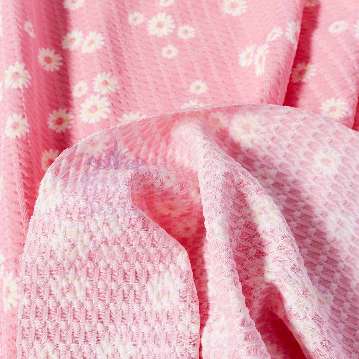 Pink Daisy Floral Waffle Jacquard Stretch Fabric