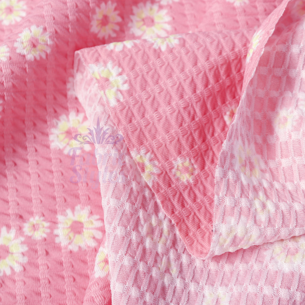 Pink Daisy Floral Waffle Jacquard Stretch Fabric