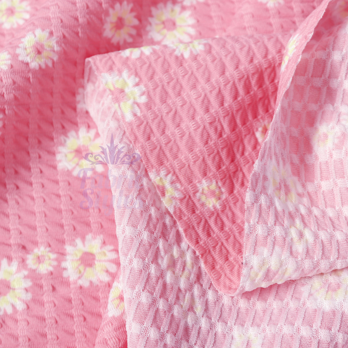 Pink Daisy Floral Waffle Jacquard Stretch Fabric