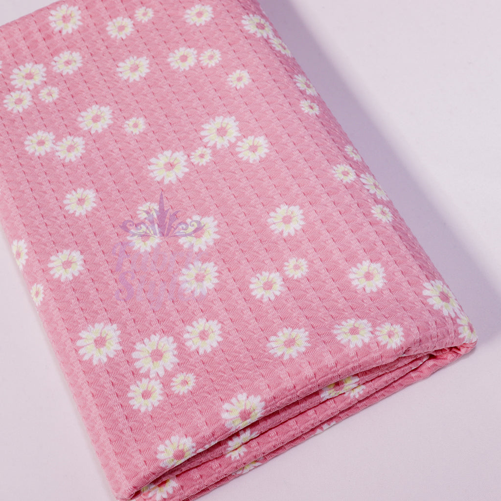 Pink Daisy Floral Waffle Jacquard Stretch Fabric