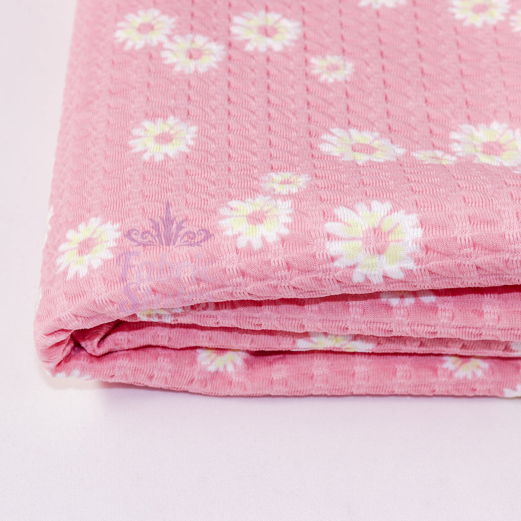 Pink Daisy Floral Waffle Jacquard Stretch Fabric