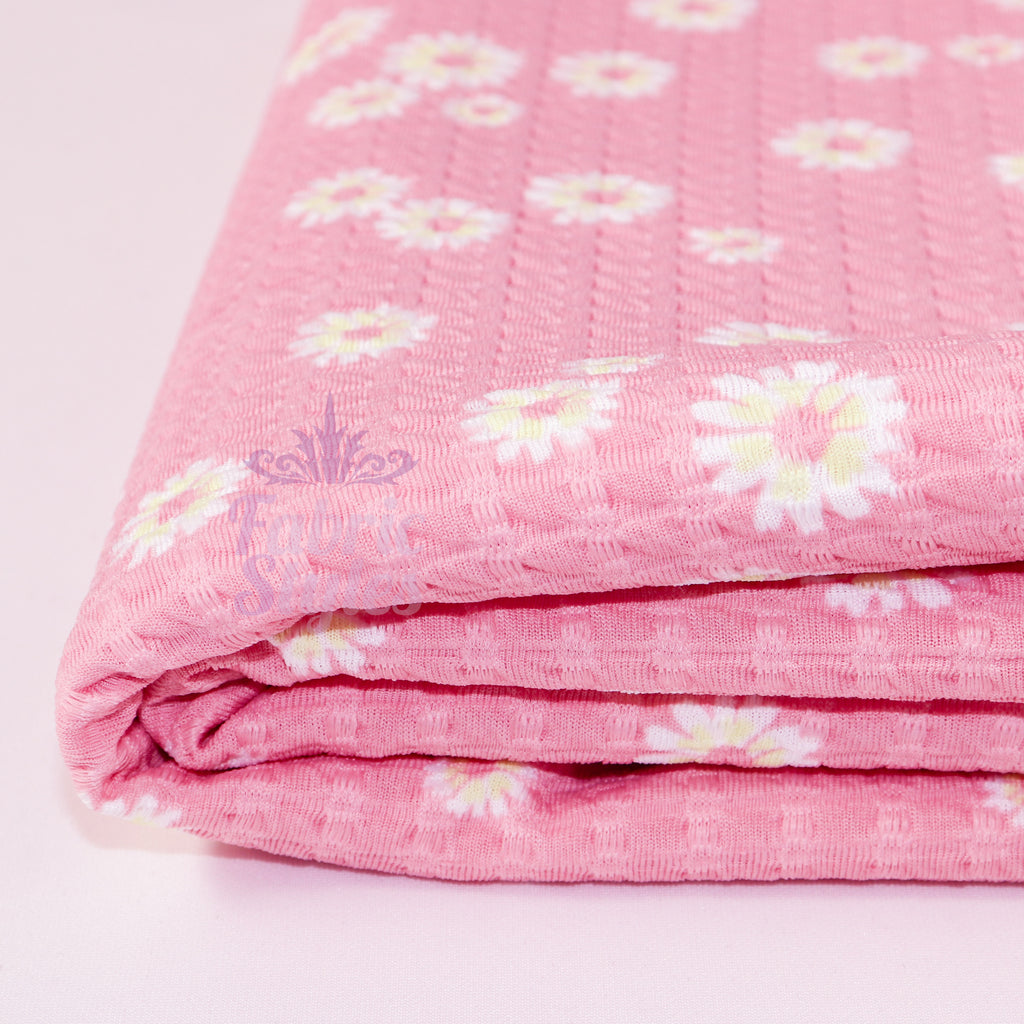 Pink Daisy Floral Waffle Jacquard Stretch Fabric