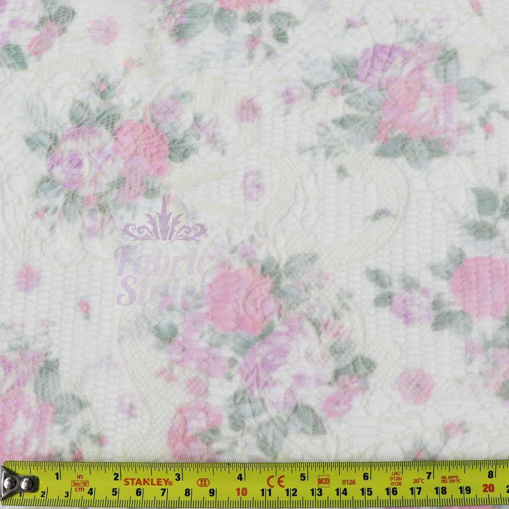 Pink Floral Flock Mesh Stretch Fabric