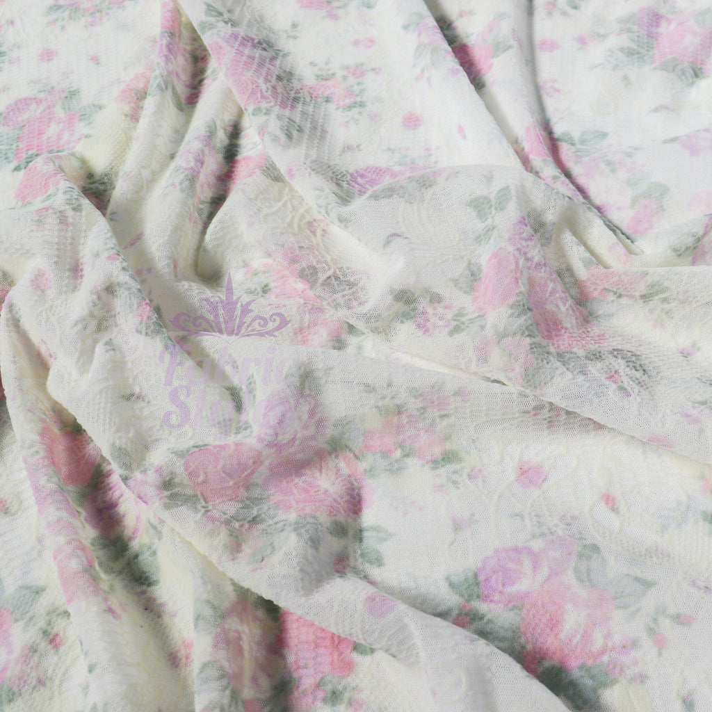 Pink Floral Flock Mesh Stretch Fabric