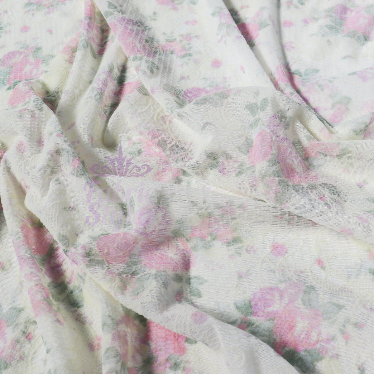 Pink Floral Flock Mesh Stretch Fabric